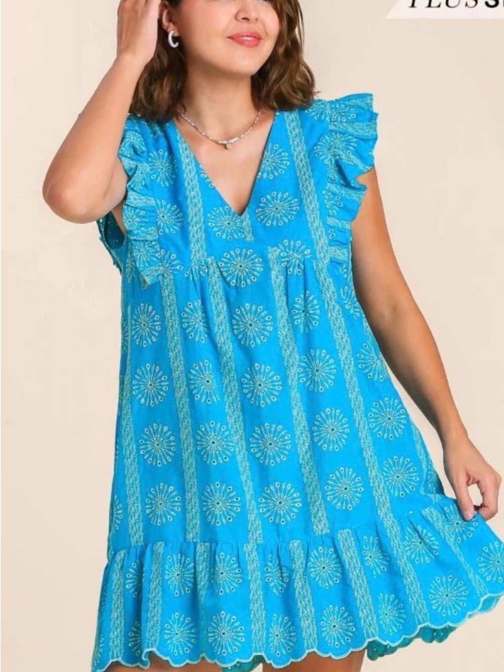 Umgee USA Turquoise Embroidered Boho Mini Dress Large Ruffle Sleeve Cotton